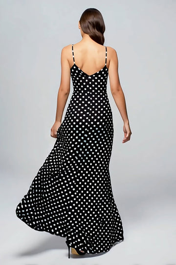 Black Spaghetti Straps Chiffon Sheath Polka Dots Dress with Slit